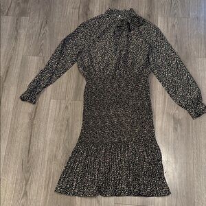 Black Floral Long-Sleeve Tie-Neck Dress